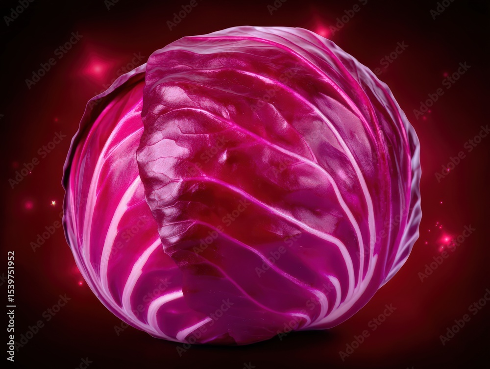 Obraz premium Captivating close-up of a fresh purple cabbage against a spotlighted background showcasing vibrant color and intricate texture ideal for culinary concepts or healthy eating narratives
