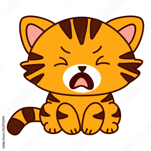 Cute cartoon cat with red shorts and brown stripes. The cat has big crying eyes and a sad expression on her face and sits up straight. Kawaii pet. Vector illustration