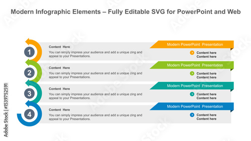 4-Step Horizontal Arrow Infographic for PowerPoint Presentation. Fully editable vector SVG file compatible with PowerPoint, Illustrator, and most vector-based applications.