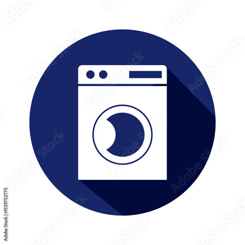 Washing machine icon in circle on navy blue background.