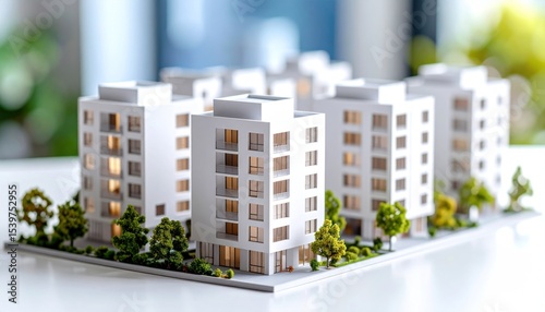 Architectural model showcasing a modern residential complex with vibrant green landscaping
