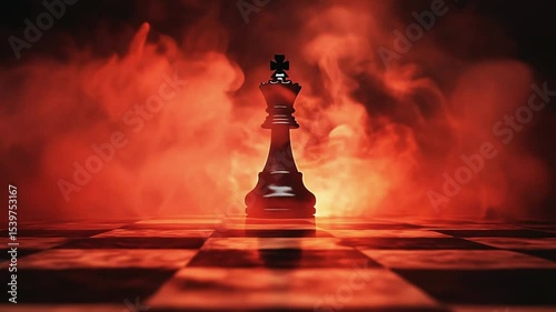 Chess King in Fiery Haze: A lone black chess king stands defiantly amidst a swirling red haze, a dramatic visual metaphor for leadership, strategy, and power.