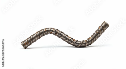 Bent rod isolated on white background, old deformed metal, surface texture, side perspective