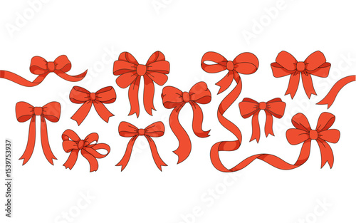 A collection of hand-drawn red ribbon bows arranged horizontally across a white background. The bows are drawn in a simple, decorative style with soft curves and gentle shading. Each bow has two loops