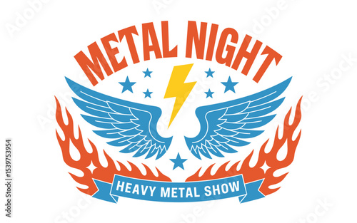 A logo design for a metal music event featuring a symmetrical design with blue and orange colors. The center contains a yellow lightning bolt surrounded by spread eagle wings in light blue. 