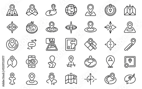 A set of 40 minimalist line art location and navigation icons arranged in a 5x8 grid. Each icon is drawn in black outline with clean, simple lines against a white background.