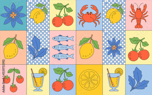 A colorful vintage-style kitchen tile pattern design with a grid layout of 16 squares. The pattern features a repeating motif of seafood and fruits arranged in a decorative collage style. The backgrou
