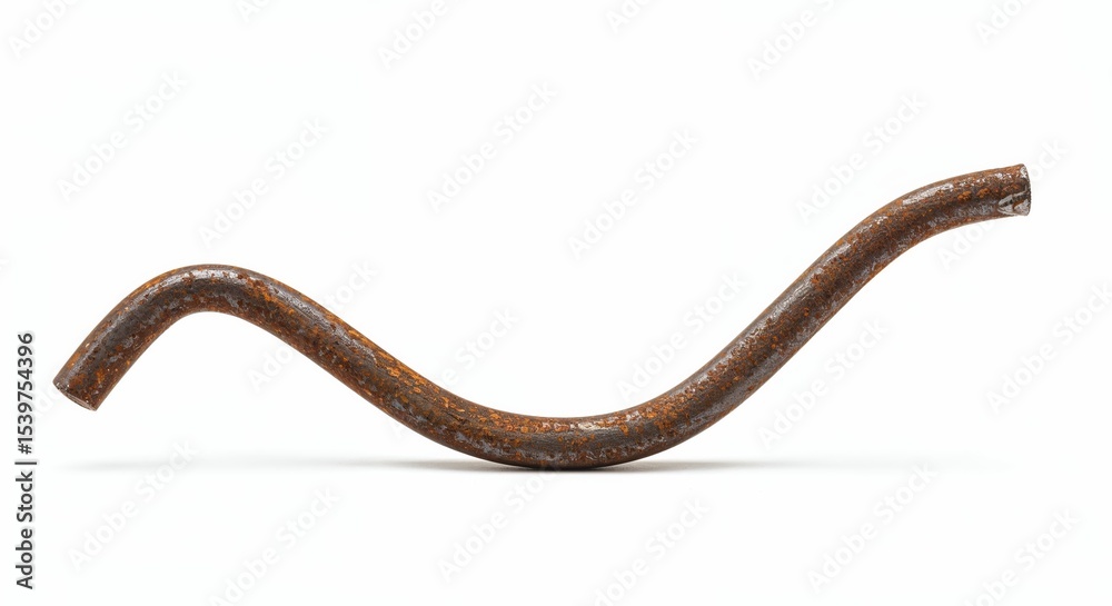 Fototapeta premium Bent rod isolated on white background,rusty weathered metal, photorealistic curved minimalist