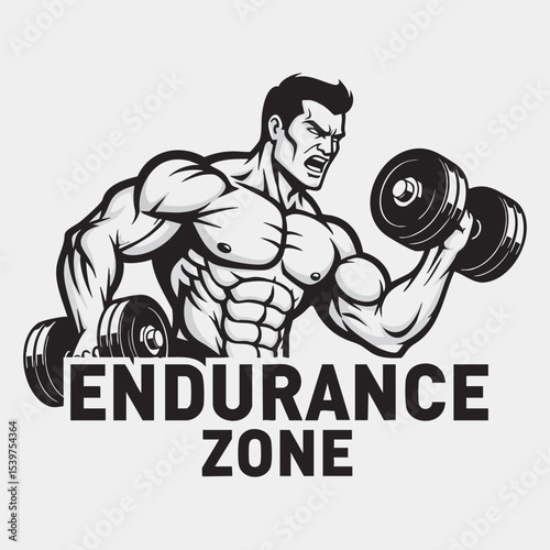 Vector Logo- Bodybuilder Performing Bicep Curls & "ENDURANCE ZONE" - Fitness and Stamina Brand