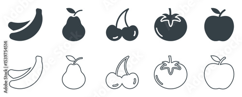 Minimalist Fruit Icons Set – Solid and Outline Style – Vector EPS
