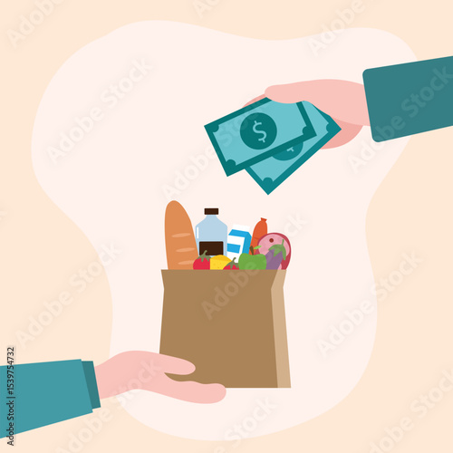 Grocery food cash on delivery concept. Close up of hand receiving grocery bag from delivery man and paying cash money. Online ordering grocery food.Paper shopping bag full of groceries products vector
