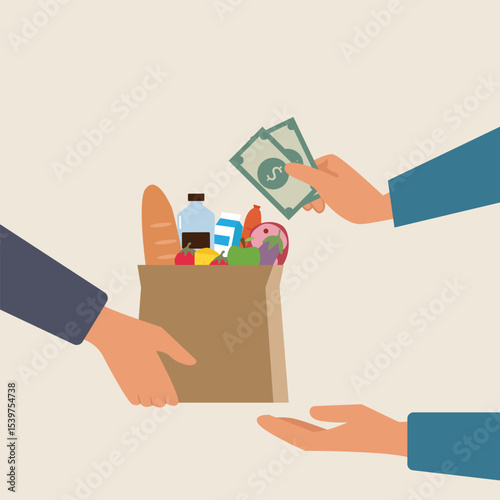 Grocery food cash on delivery concept. Close up of hand receiving grocery bag from delivery man and paying cash money. Online ordering grocery food.Paper shopping bag full of groceries products vector