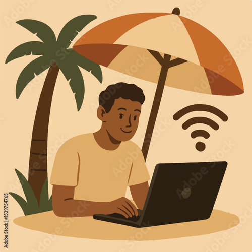 Person sitting under umbrella, typing on laptop, palm tree, WiFi symbol in background..