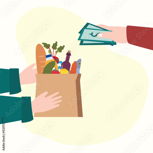 Grocery food cash on delivery concept. Close up of hand receiving grocery bag from delivery man and paying cash money. Online ordering grocery food.Paper shopping bag full of groceries products vector
