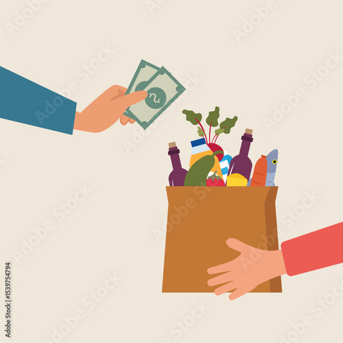 Grocery food cash on delivery concept. Close up of hand receiving grocery bag from delivery man and paying cash money. Online ordering grocery food.Paper shopping bag full of groceries products vector