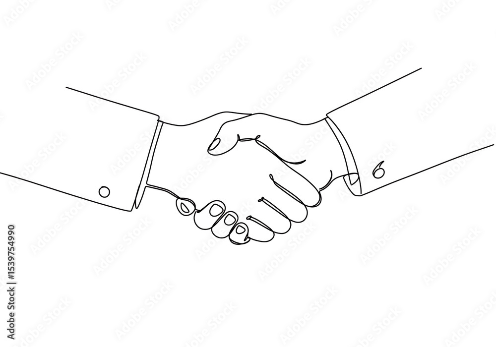 Fototapeta premium A continuous line drawing of a handshake between two people in suits on a white background