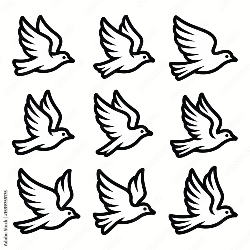 Obraz premium Nine Black Outline White Doves in Flight Vector Illustration bird birds 1