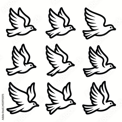 Nine Black Outline White Doves in Flight Vector Illustration bird birds 1