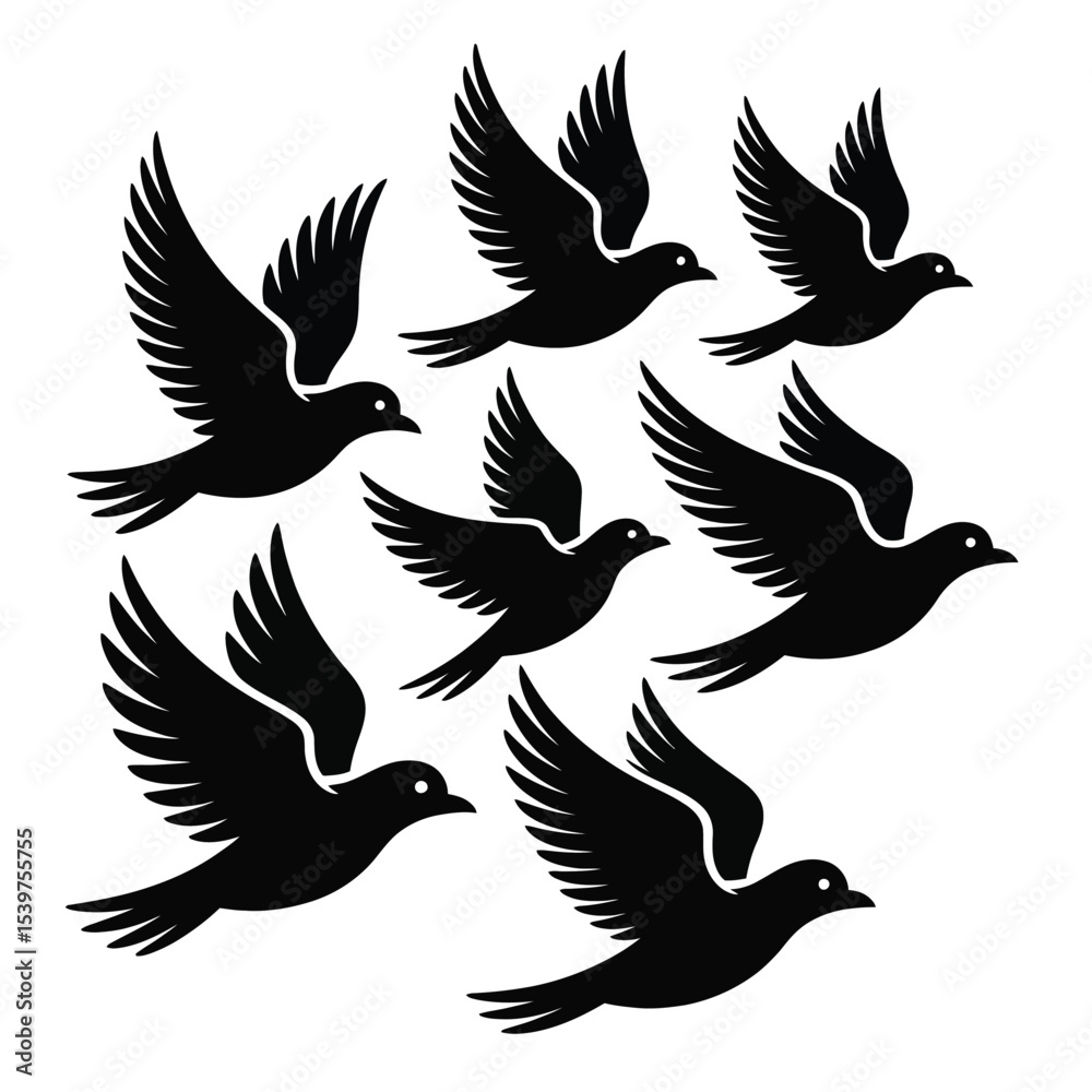 Fototapeta premium Seven Black Birds Flying Silhouette Vector Graphic flock 1
