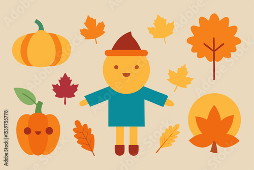 Adorable Autumn Harvest Scarecrow, Pumpkins, and Fall Leaves Illustration