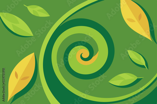 Whimsical Green and Gold Leaf Spiral Design Nature's Artistic Swirl