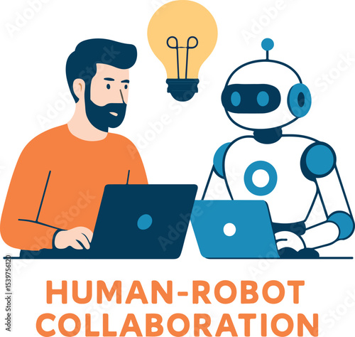 Human and robot sitting together, working on laptops, collaborating on innovation tasks — flat vector, clean color blocks..