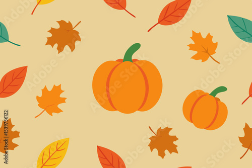 Autumn Harvest Pumpkins and Falling Leaves Seamless Pattern