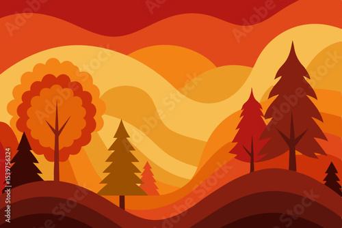 Autumnal Landscape Warm Hues and Rolling Hills in an Abstract Style
