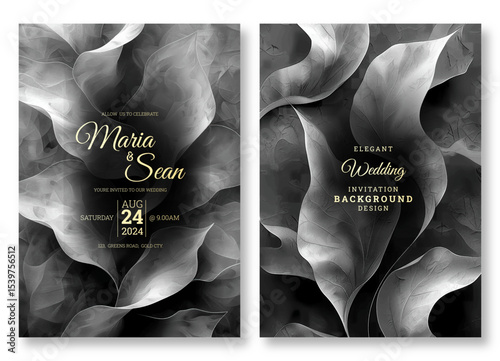 Leaves art wedding invitation template, business brochure template, luxury black and white flyer design, universal background, versatile vector background, creative brochure template, party invitation