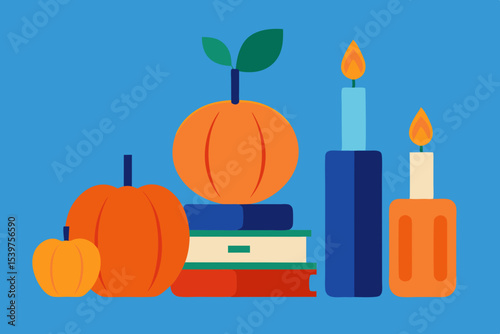 Autumnal Still Life Pumpkins, Candles, and Books – A Cozy Fall Scene