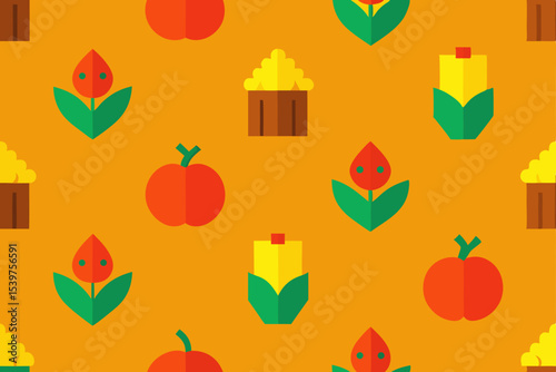 Vibrant Harvest Seamless Pattern Apples, Flowers, and Bread