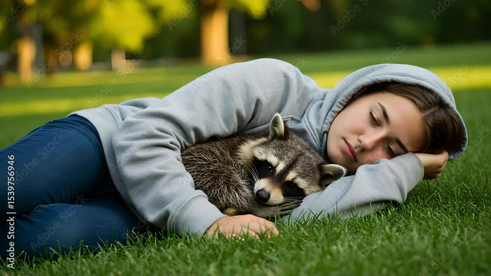 Boy Napping with Raccoon in Hoodie Boy Napping with Raccoon in Hoodie
