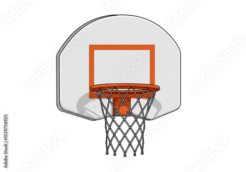 A cartoon basketball hoop with a white backboard and an orange rim and net isolated on white