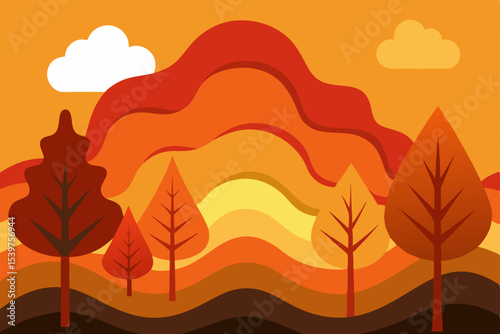 Autumn Landscape Warm Hues and Paper Cut Style Illustration