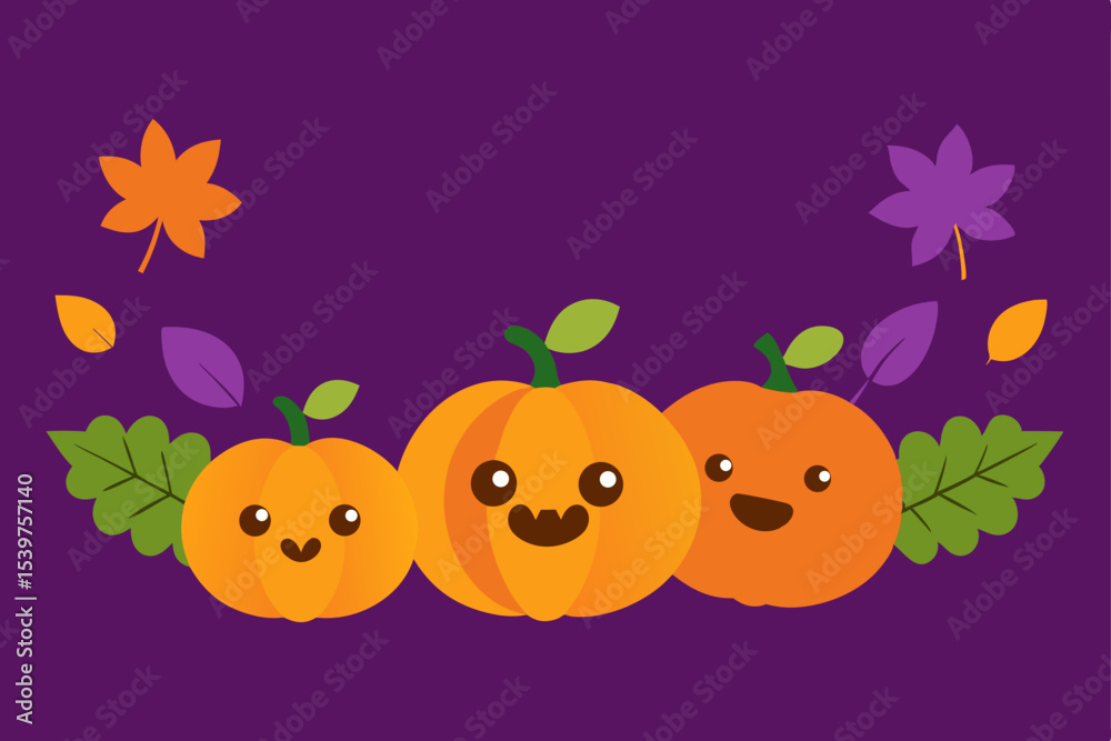Fototapeta premium A vibrant vector illustration for a Halloween party, featuring a cartoon pumpkin with a smile set against an autumn background with a sun and a butterfly in an orange and yellow frame