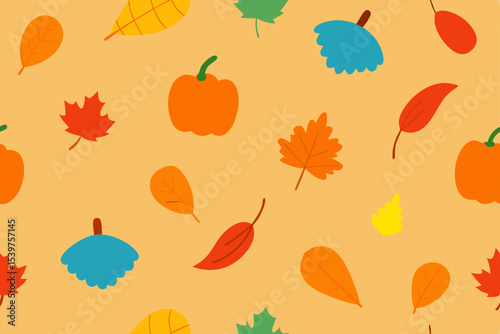 Seamless autumn leaves pattern featuring a collection of colorful fall foliage like maple, oak, and other nature-inspired designs, perfect for seasonal decoration or wallpaper