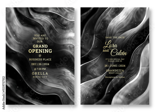 Wave art wedding invitation template, business brochure template, luxury black and white flyer design, universal background, versatile vector background, creative brochure template, party invitation