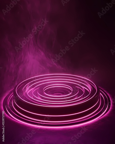 Sleek magenta lines ascending from a glowing spiral basin, misty glow hovering in the shadows 

