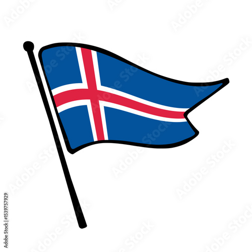 Flag of Iceland. Iceland flag vector illustration icon design in the hand-drawn style. Fluttering flagpole flag.