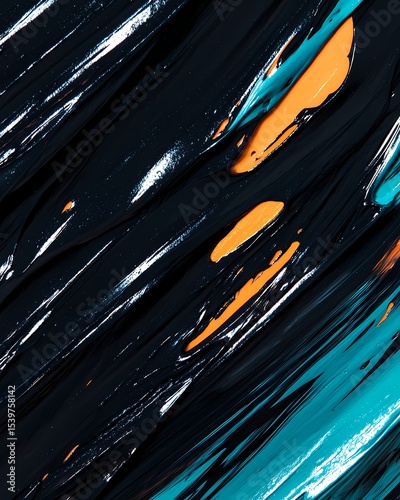 Slick black paint streaks layered over glowing cyan and orange strokes, soft glossy finish 
