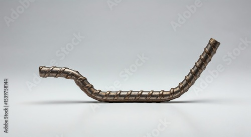 Bent rod isolated on white background, old deformed metal, surface texture, side perspective