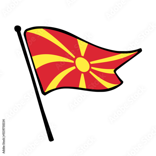 Flag of North Macedonia. North Macedonia flag vector illustration icon design in the hand-drawn style. Fluttering flagpole flag.