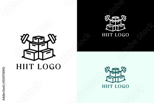plyo boxes with barbell crossing behind vector illustration, logo for gym equipment, high interval training, personal trainer, workout, exercise, weightlifting, hiit, and more