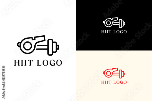 whistle merged with a dumbbell illustration, icon, vector logo for hiit, personal trainer, coaching, gym, workout, exercise, wellness, gymnastic, health, fitness, bodybuilding, and more