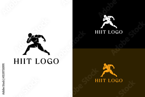 geometric shaped figure lunging forward illustration, vector logo for personal trainer, bodybuilding, health, wellness, workout, coaching, exercise, gym, high intensity training, and more