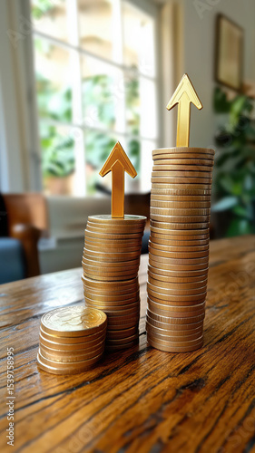 Photography of stack of coins with Virtual  arrows upward.