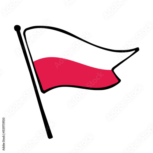 Flag of Poland. Poland flag vector illustration icon design in the hand-drawn style. Fluttering flagpole flag.