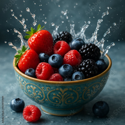 A variety of fresh berries in a vintage bowl with splashes of water. Refreshing.

