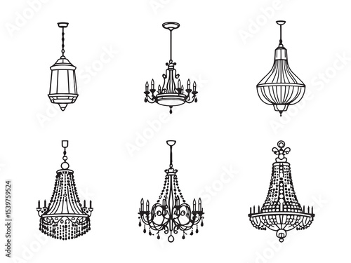 Decorative hanging chandelier vector line art graphic design
