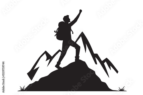 "Mountain Hiker Silhouette Vector – Adventurer on Peak at Sunrise"